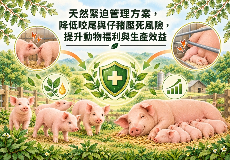 天然緊迫管理方案，降低咬尾與仔豬壓死風險，提升動物福利與生產效益